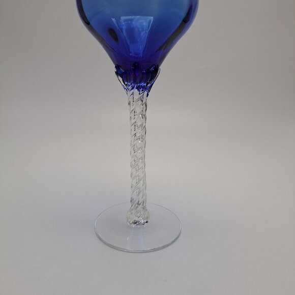 Vintage Blue Glass Goblet With Twisted Clear Stem - Picture 3 of 6